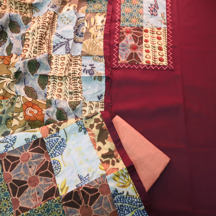 Aafeemi Wine Burgundy Ajrak Patches Work Yoke Neck Glazed Cotton Suit Set