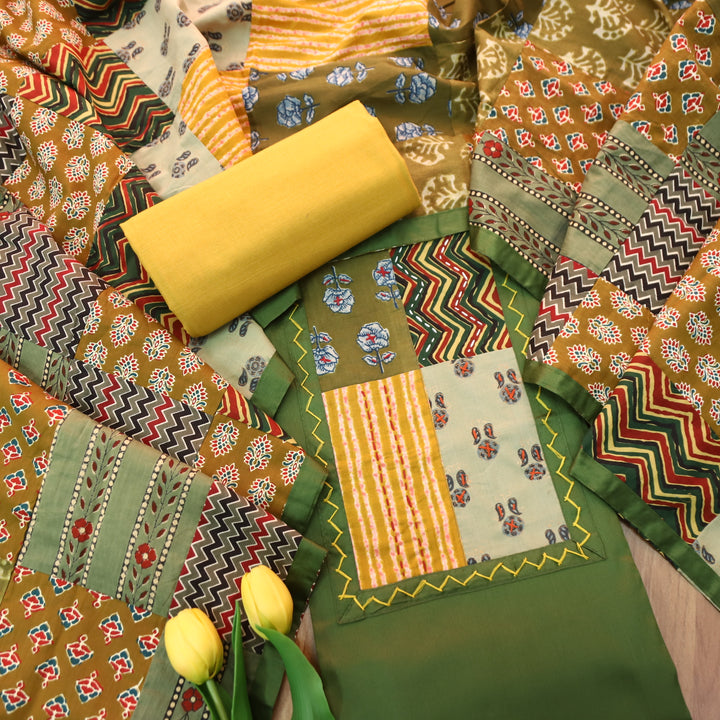 Aafeemi Fern Green Ajrak Patches Work Yoke Neck Glazed Cotton Suit Set