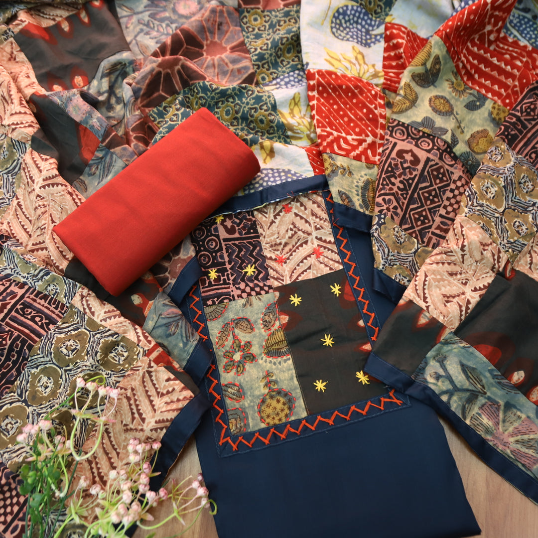 Aafeemi Indigo Blue Ajrak Patches Work Yoke Neck Glazed Cotton Suit Set