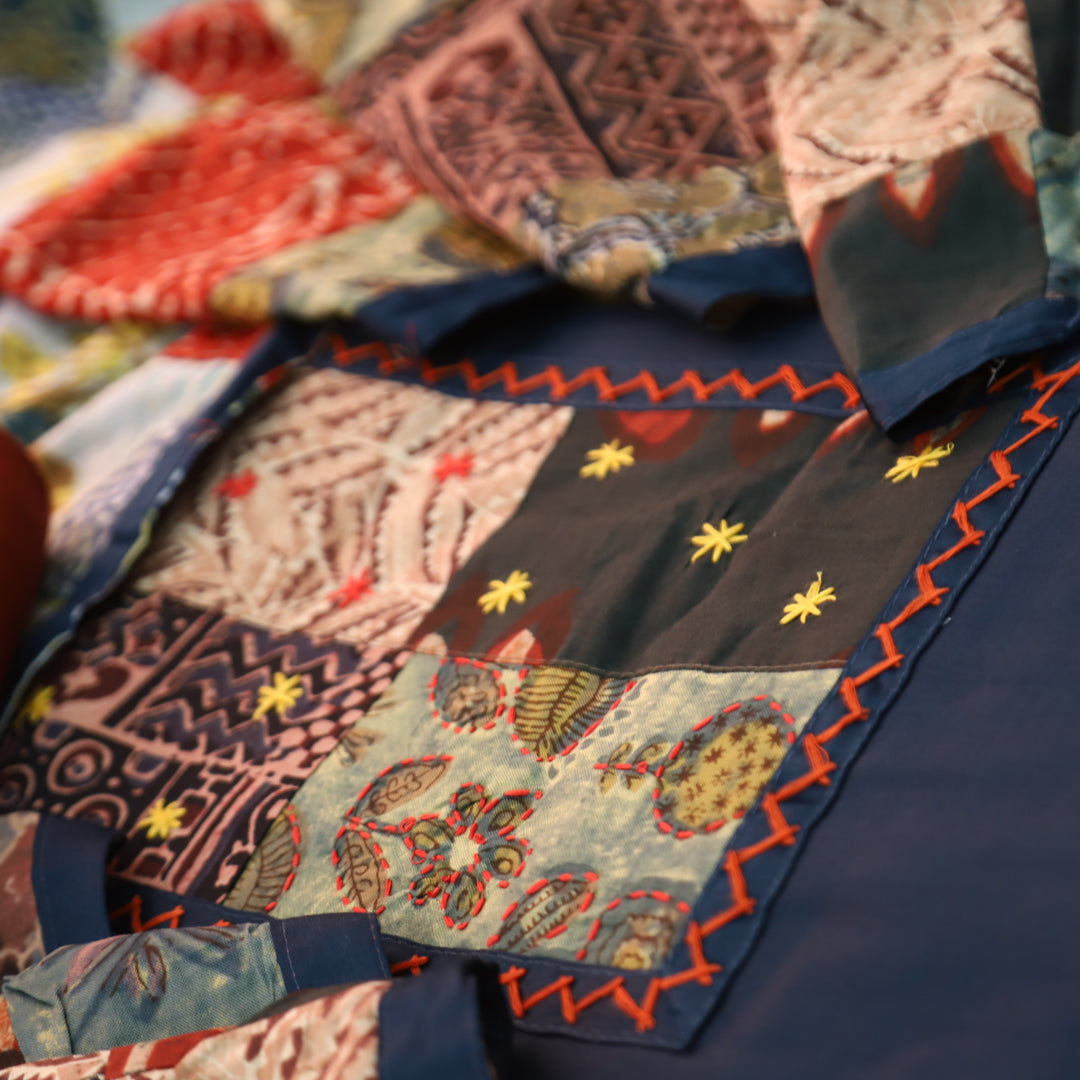 Aafeemi Indigo Blue Ajrak Patches Work Yoke Neck Glazed Cotton Suit Set