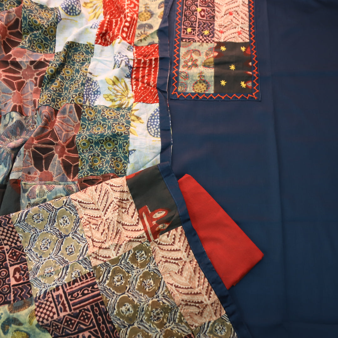 Aafeemi Indigo Blue Ajrak Patches Work Yoke Neck Glazed Cotton Suit Set