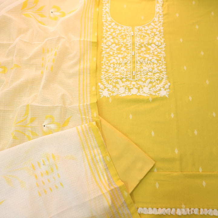 Nigahen Sunlight Yellow Thread Embroidered Neck with Pearl Work Cotton Suit Set