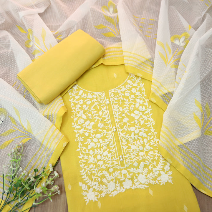 Nigahen Sunlight Yellow Thread Embroidered Neck with Pearl Work Cotton Suit Set