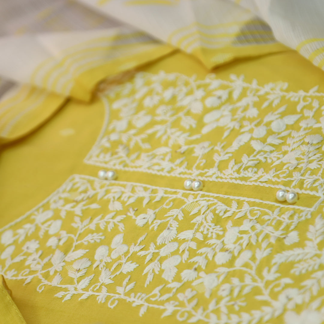 Nigahen Sunlight Yellow Thread Embroidered Neck with Pearl Work Cotton Suit Set