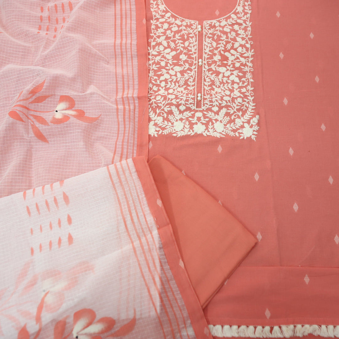 Nigahen Candy Peach Thread Embroidered Neck with Pearl Work Cotton Suit Set