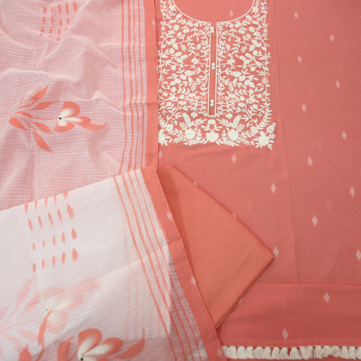 Nigahen Candy Peach Thread Embroidered Neck with Pearl Work Cotton Suit Set