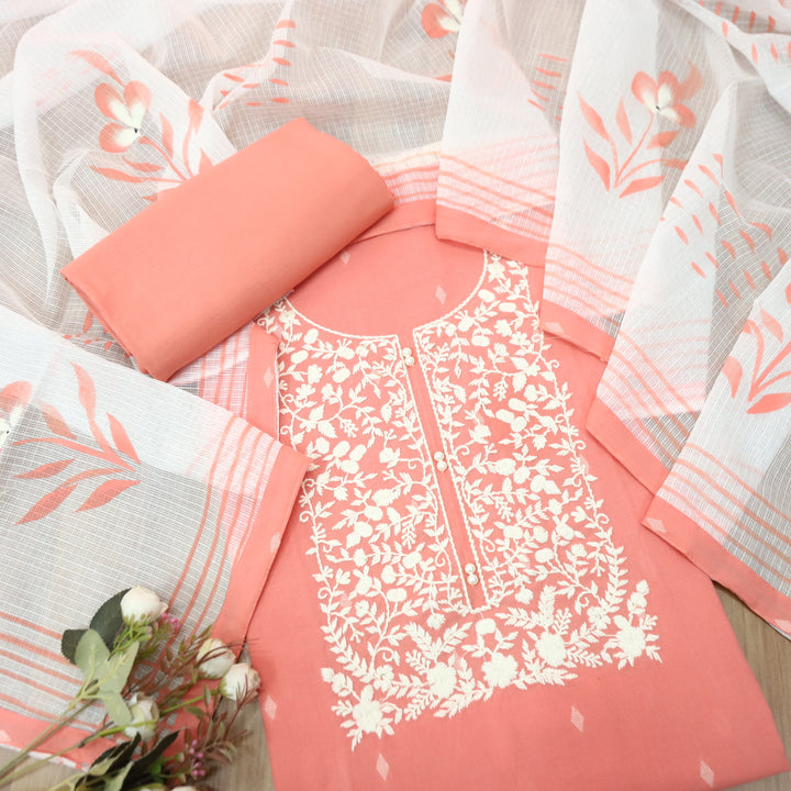 Nigahen Candy Peach Thread Embroidered Neck with Pearl Work Cotton Suit Set
