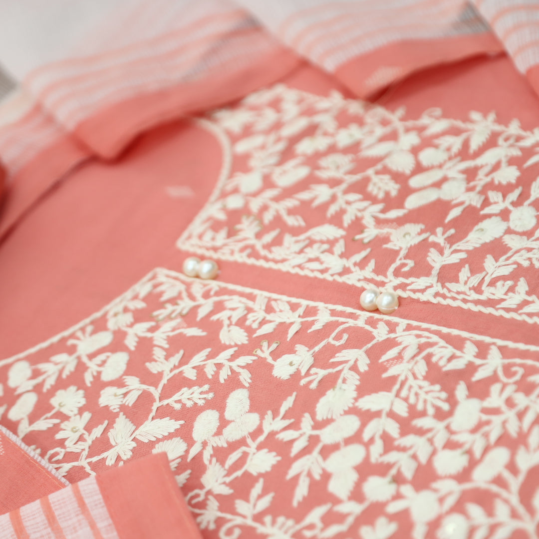 Nigahen Candy Peach Thread Embroidered Neck with Pearl Work Cotton Suit Set