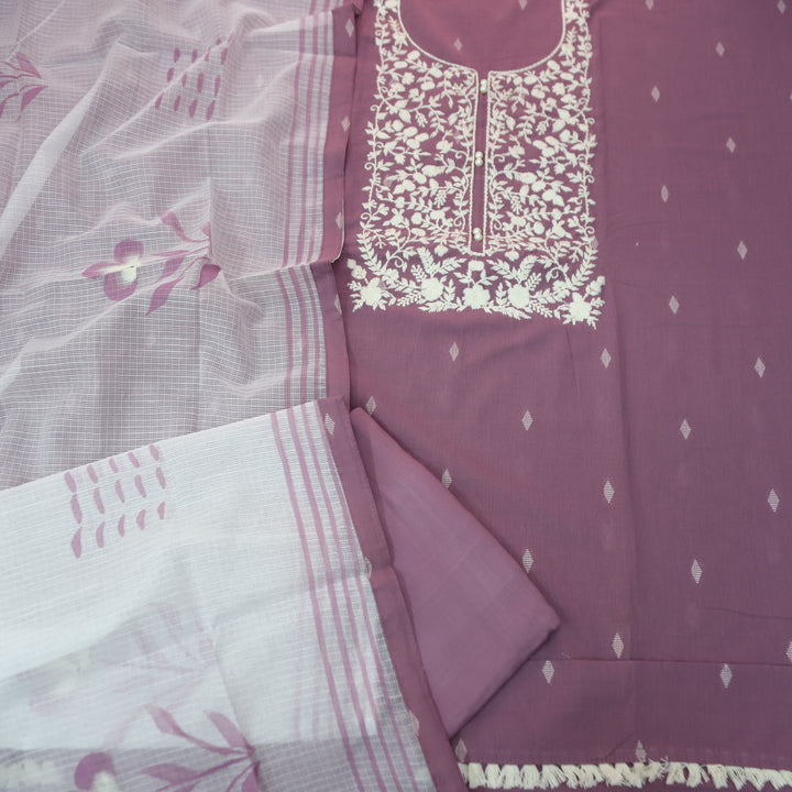Nigahen Blueberry Mauve Thread Embroidered Neck with Pearl Work Cotton Suit Set