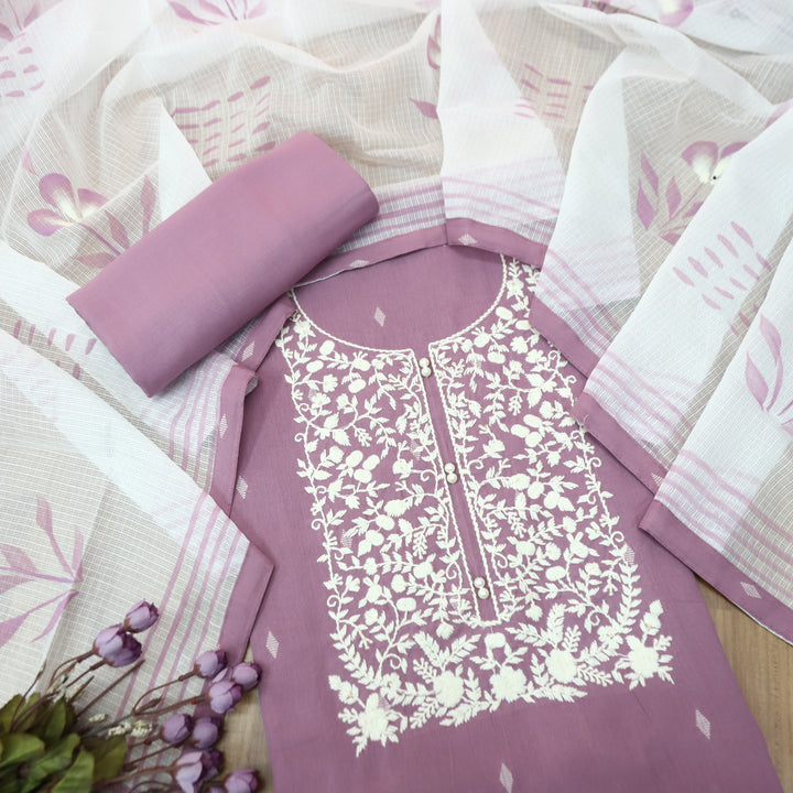Nigahen Blueberry Mauve Thread Embroidered Neck with Pearl Work Cotton Suit Set