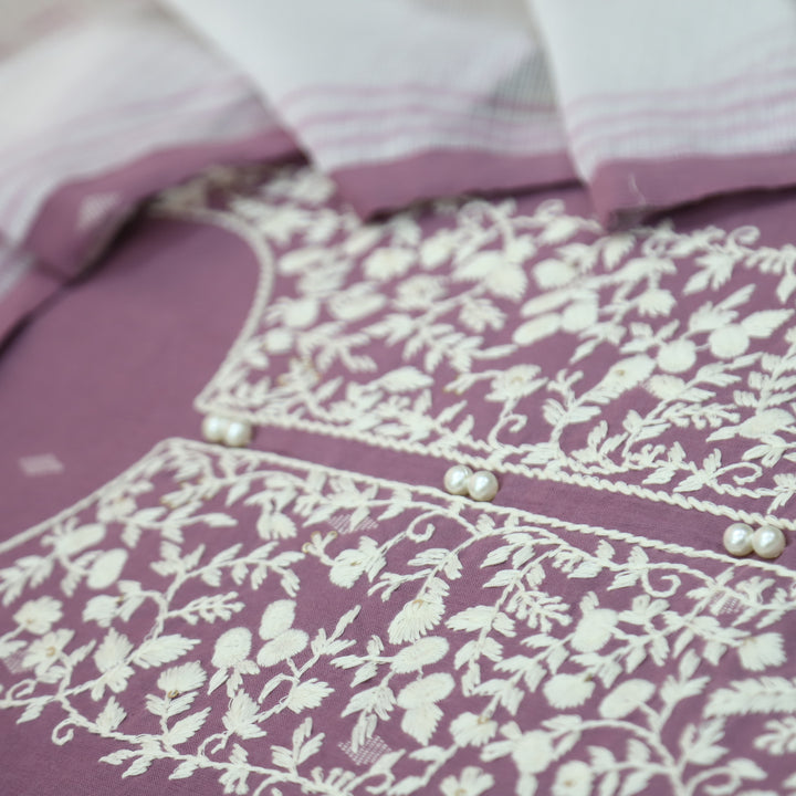 Nigahen Blueberry Mauve Thread Embroidered Neck with Pearl Work Cotton Suit Set