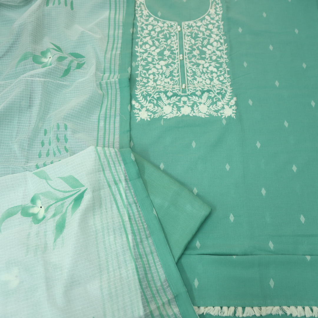 Nigahen Sea Form Thread Embroidered Neck with Pearl Work Cotton Suit Set