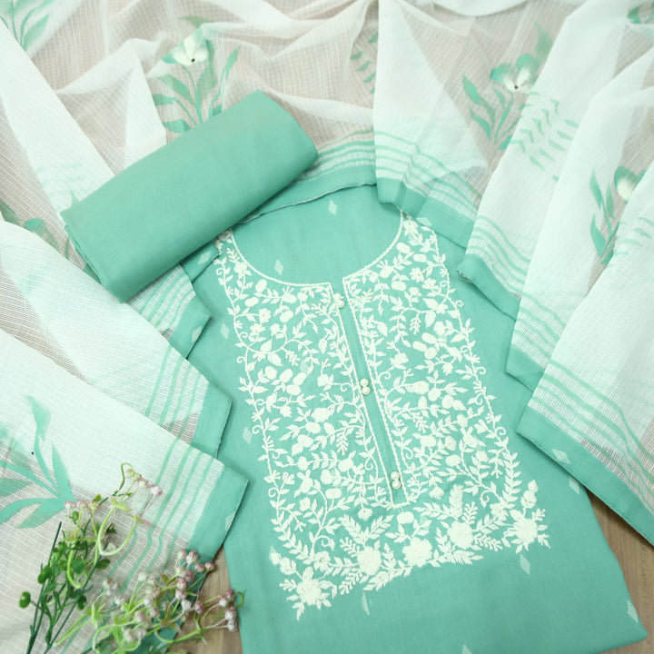 Nigahen Sea Form Thread Embroidered Neck with Pearl Work Cotton Suit Set