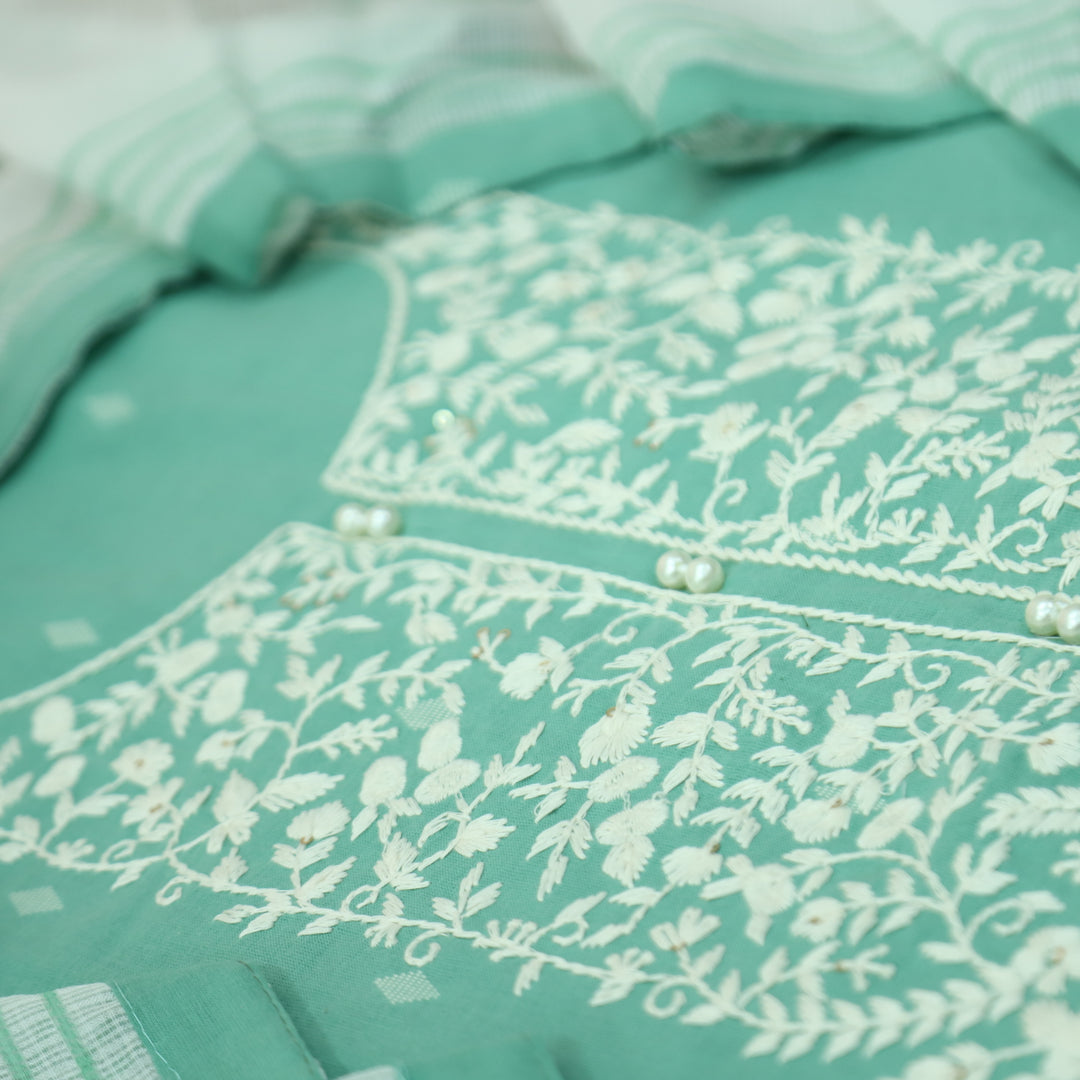 Nigahen Sea Form Thread Embroidered Neck with Pearl Work Cotton Suit Set