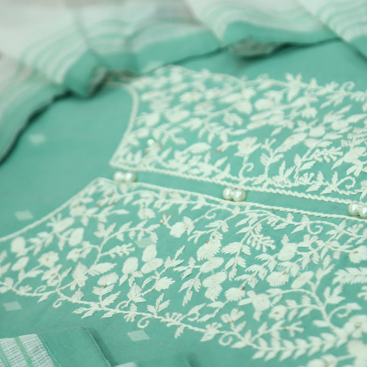 Nigahen Sea Form Thread Embroidered Neck with Pearl Work Cotton Suit Set