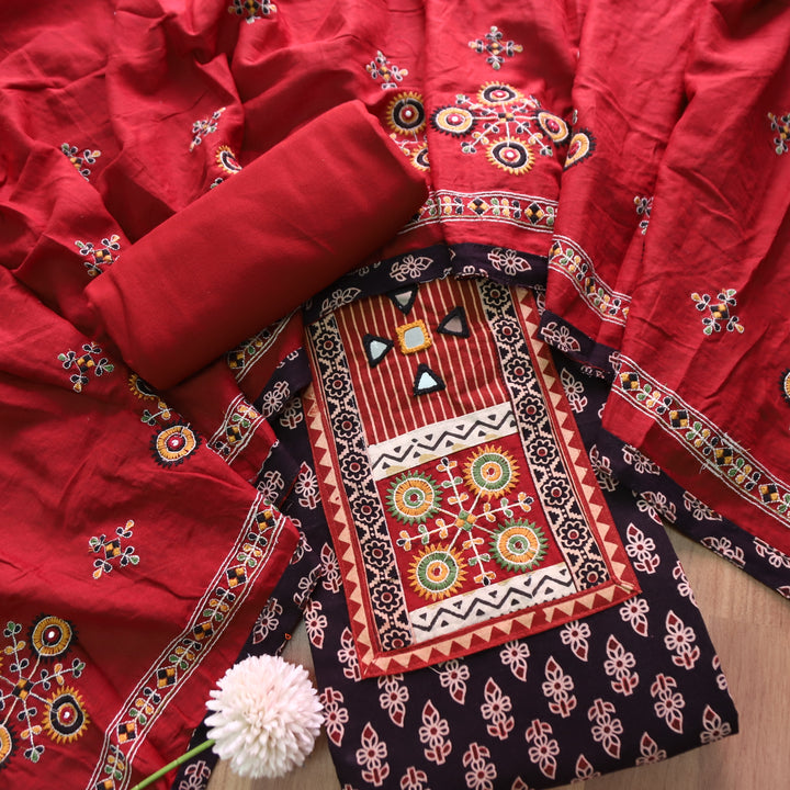 Dashtaan Ebony Black Kutch Patch with Mirror Work Ajrak Printed Cotton Suit Set