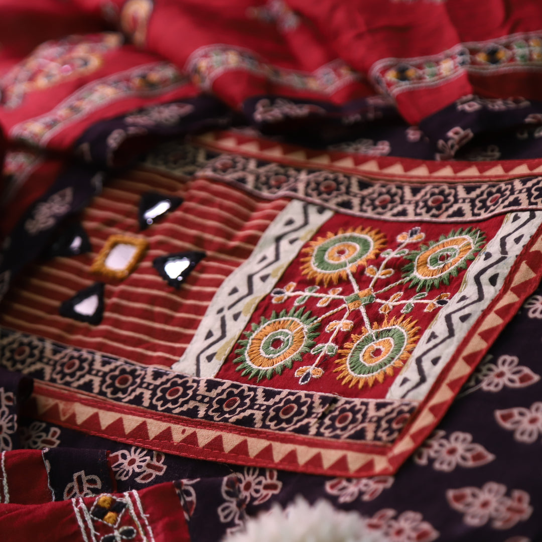 Dashtaan Ebony Black Kutch Patch with Mirror Work Ajrak Printed Cotton Suit Set