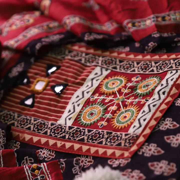 Dashtaan Ebony Black Kutch Patch with Mirror Work Ajrak Printed Cotton Suit Set