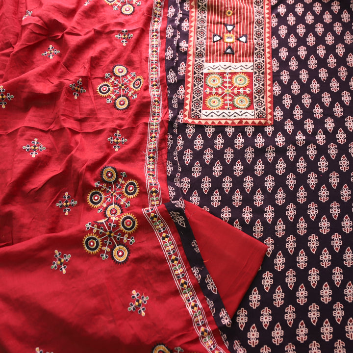 Dashtaan Ebony Black Kutch Patch with Mirror Work Ajrak Printed Cotton Suit Set