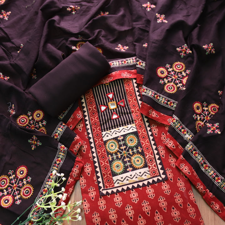 Dashtaan Berry Red Kutch Patch with Mirror Work Ajrak Printed Cotton Suit Set