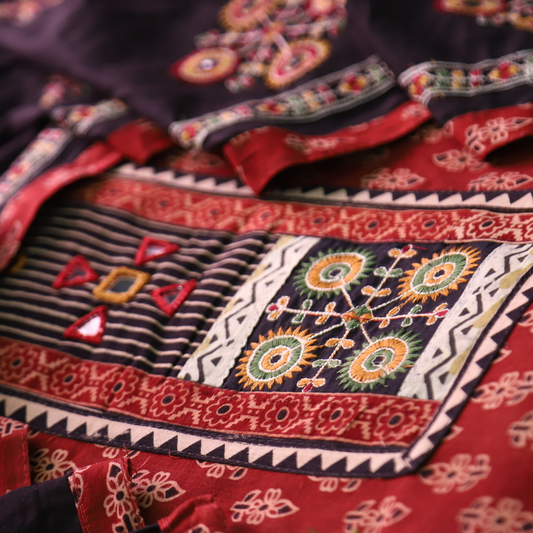 Dashtaan Berry Red Kutch Patch with Mirror Work Ajrak Printed Cotton Suit Set