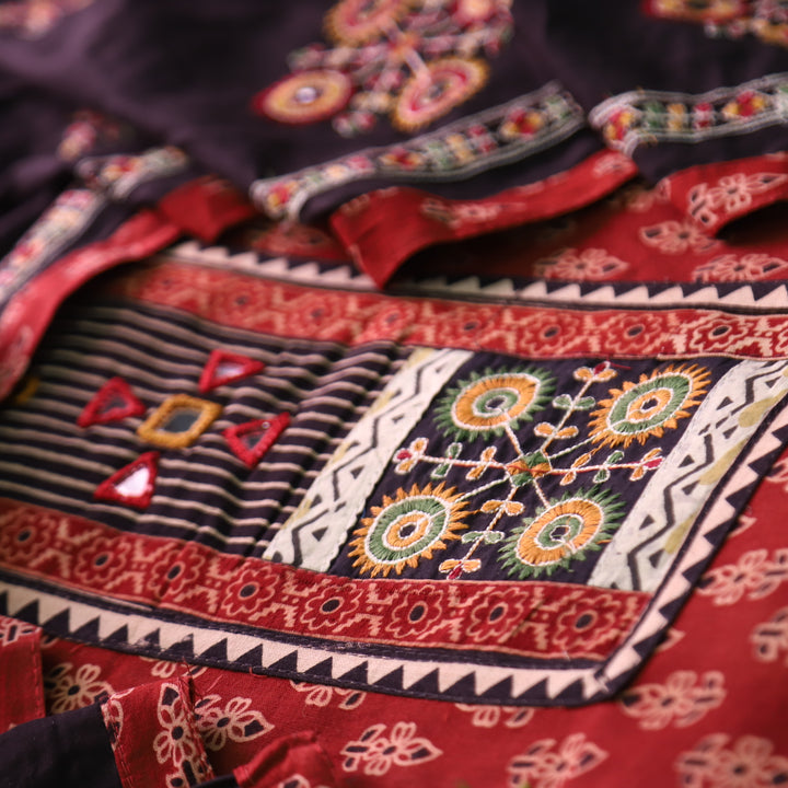 Dashtaan Berry Red Kutch Patch with Mirror Work Ajrak Printed Cotton Suit Set