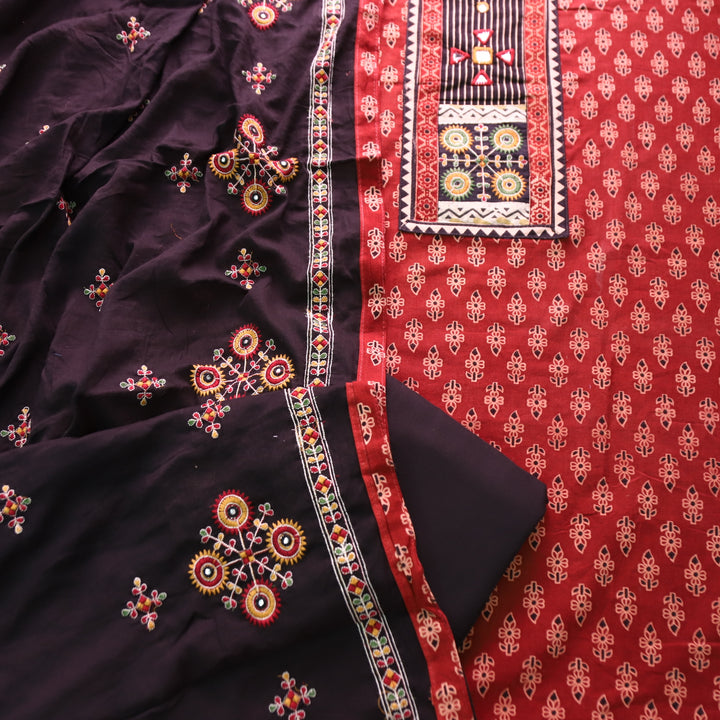 Dashtaan Berry Red Kutch Patch with Mirror Work Ajrak Printed Cotton Suit Set
