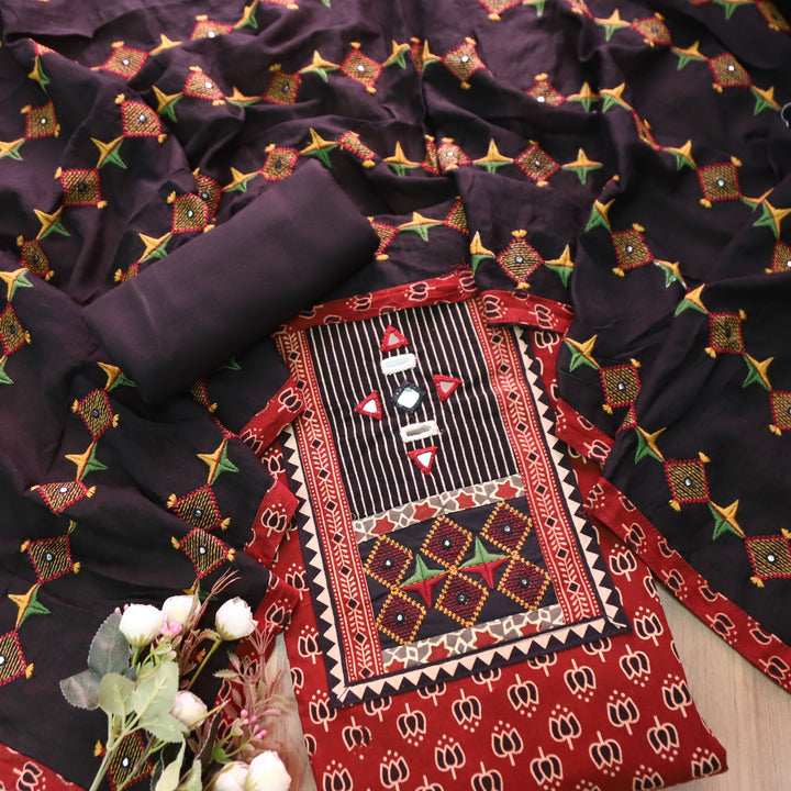Dashtaan Cherry Red Kutch Patch with Mirror Work Lotus Printed Cotton Suit Set