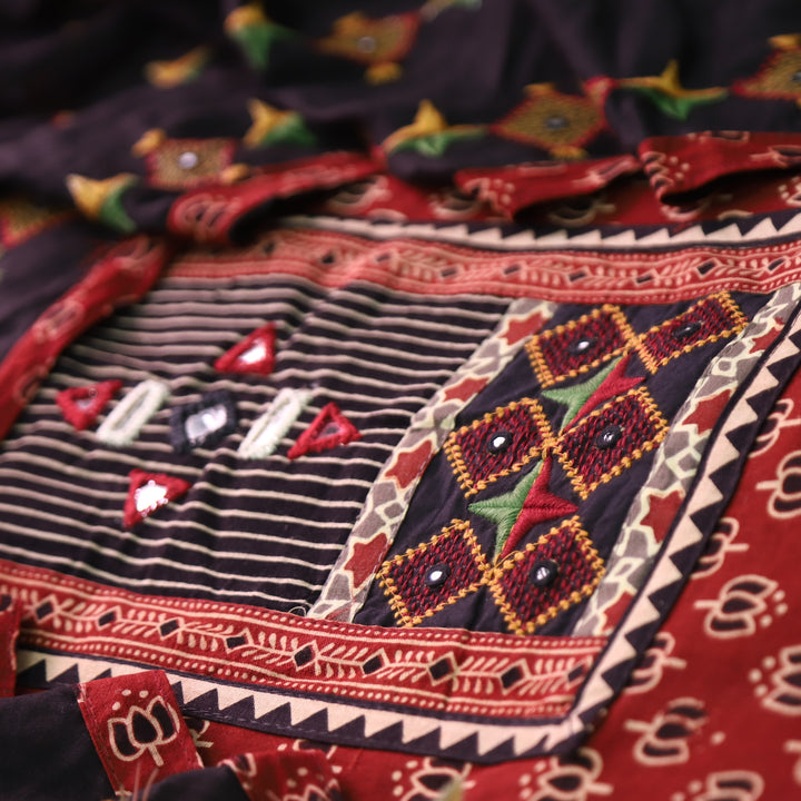 Dashtaan Cherry Red Kutch Patch with Mirror Work Lotus Printed Cotton Suit Set