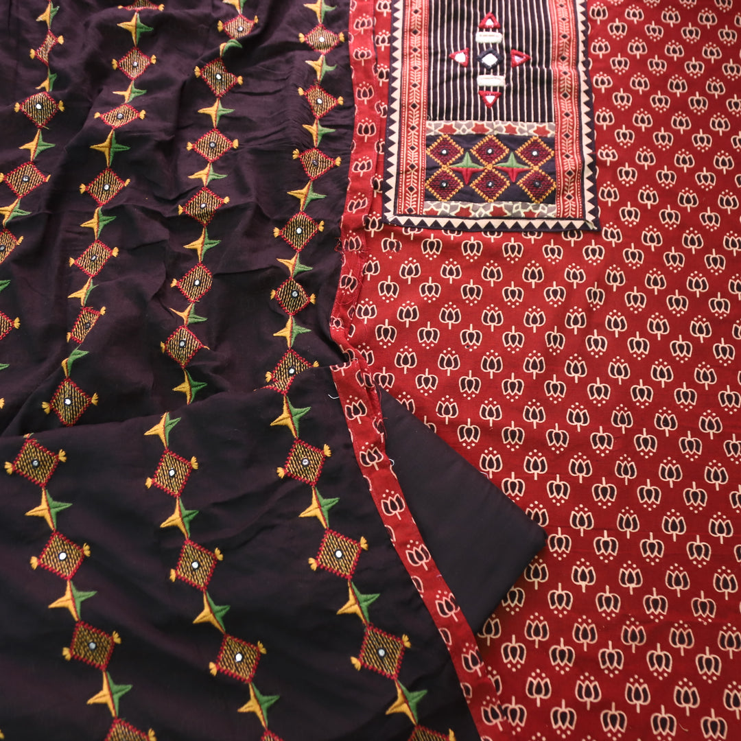 Dashtaan Cherry Red Kutch Patch with Mirror Work Lotus Printed Cotton Suit Set
