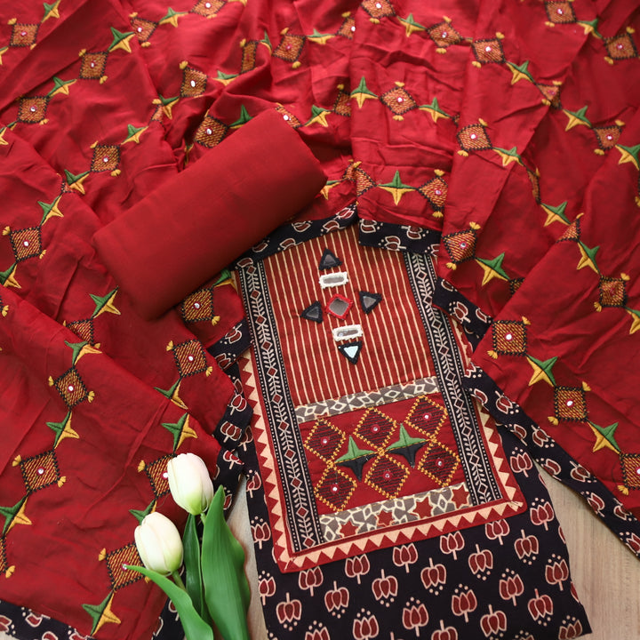 Dashtaan Oil Black Kutch Patch with Mirror Work Lotus Printed Cotton Suit Set