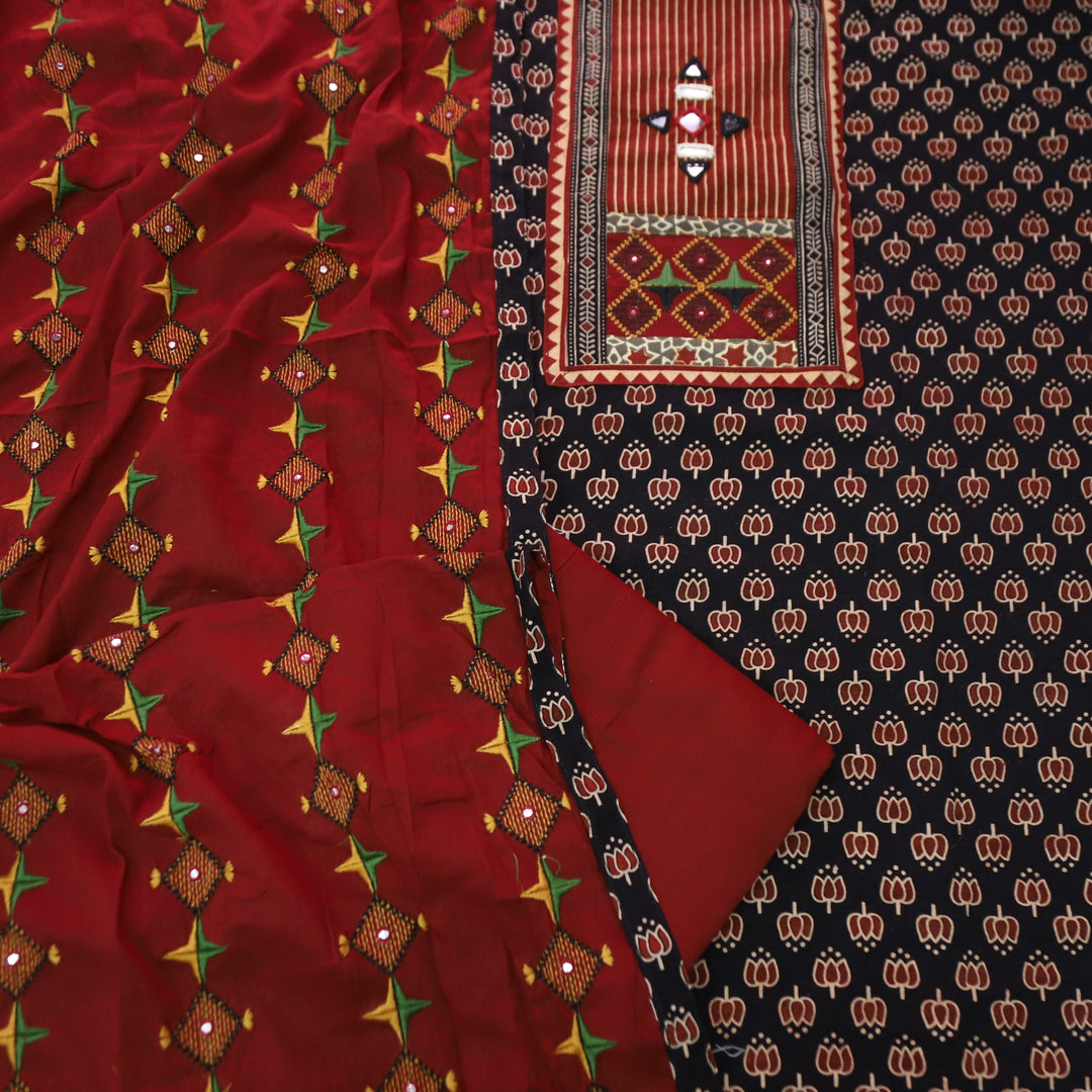 Dashtaan Oil Black Kutch Patch with Mirror Work Lotus Printed Cotton Suit Set