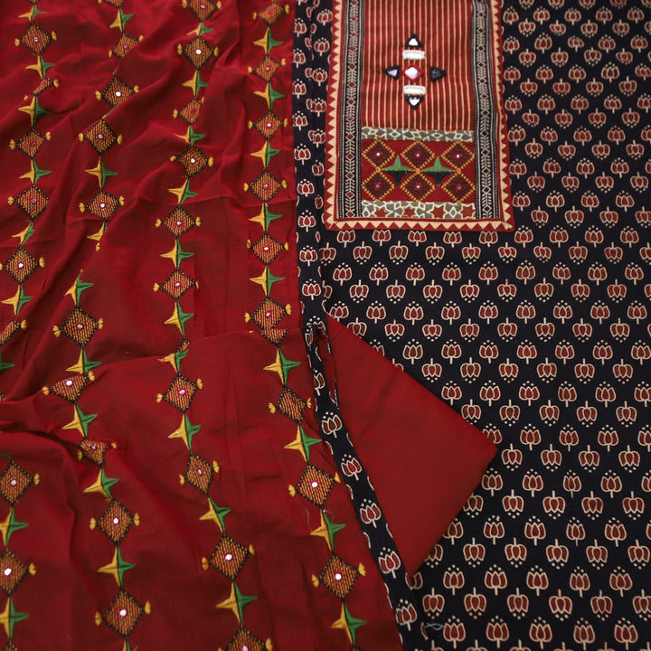 Dashtaan Oil Black Kutch Patch with Mirror Work Lotus Printed Cotton Suit Set
