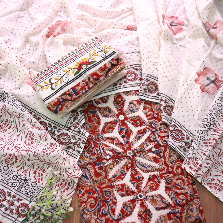 Sadhgi Berry Red Kalamkari Print with Applique Panel with Mirror Cotton Suit Set