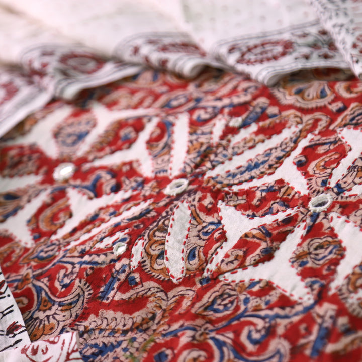 Sadhgi Berry Red Kalamkari Print with Applique Panel with Mirror Cotton Suit Set