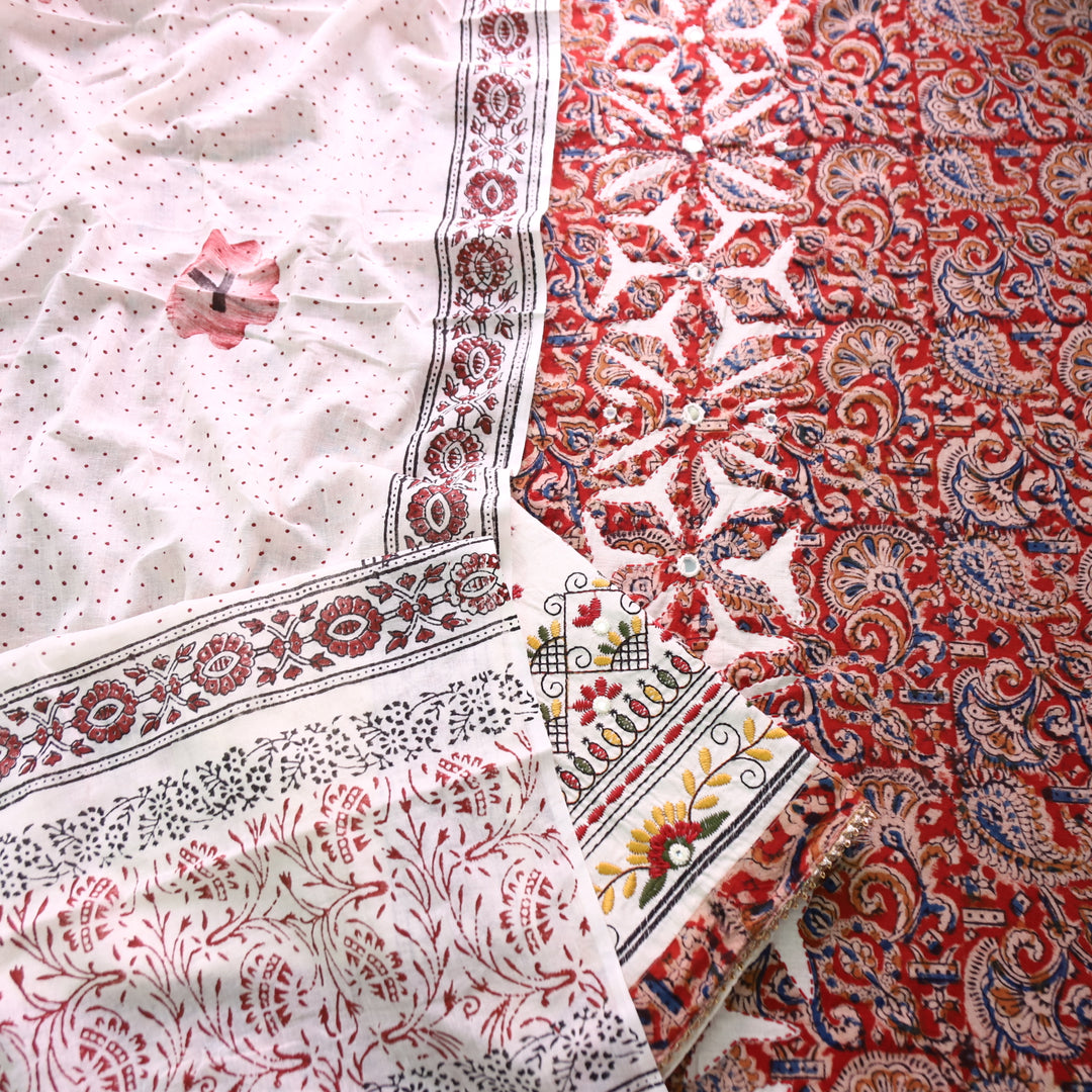 Sadhgi Berry Red Kalamkari Print with Applique Panel with Mirror Cotton Suit Set