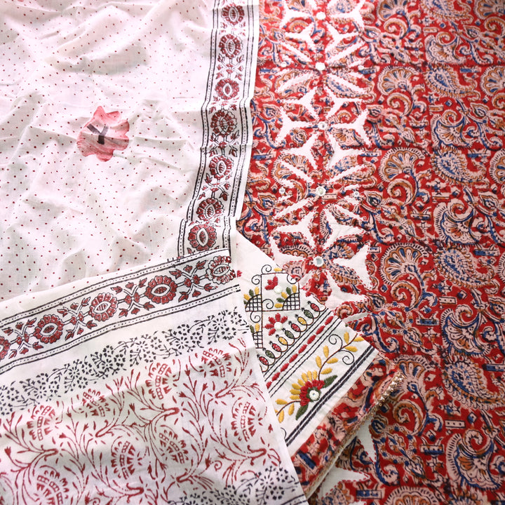 Sadhgi Berry Red Kalamkari Print with Applique Panel with Mirror Cotton Suit Set