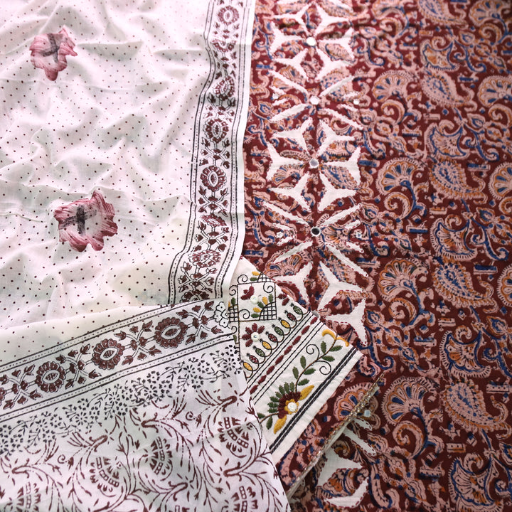 Sadhgi Maroon Kalamkari Print with Applique Panel with Mirror Cotton Suit Set