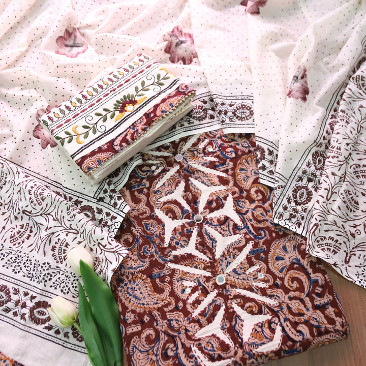 Sadhgi Maroon Kalamkari Print with Applique Panel with Mirror Cotton Suit Set