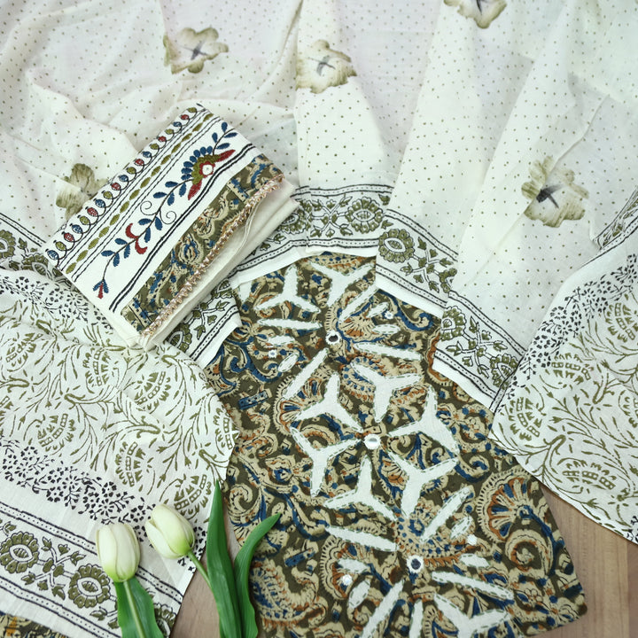 Sadhgi Olive Green Kalamkari Print with Applique Panel with Mirror Cotton Suit Set