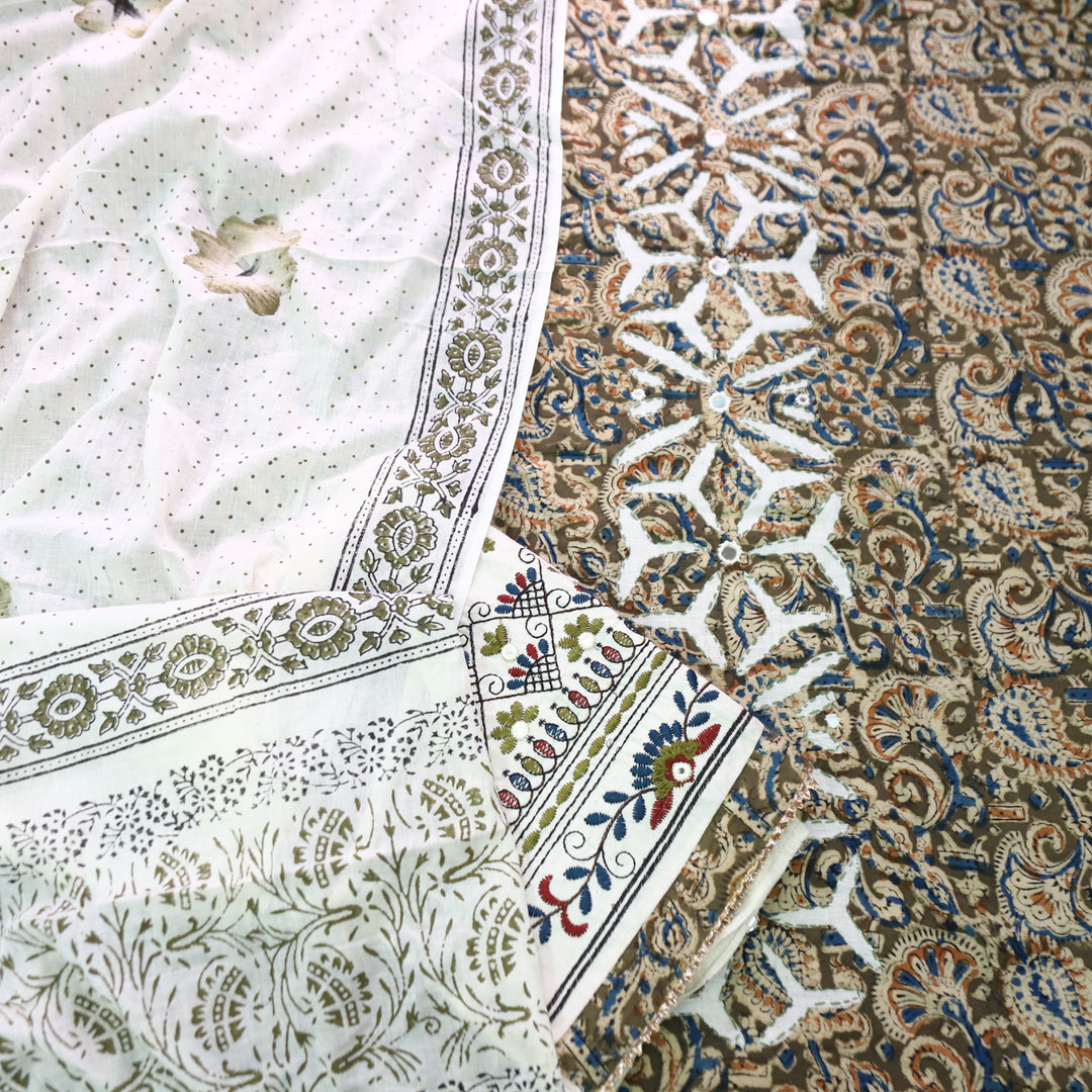 Sadhgi Olive Green Kalamkari Print with Applique Panel with Mirror Cotton Suit Set