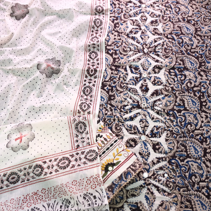 Sadhgi Ebony Black Kalamkari Print with Applique Panel with Mirror Cotton Suit Set