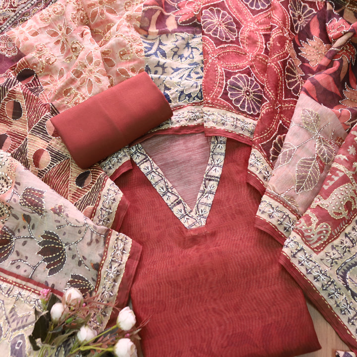 Kaashvi Barn Brown V Neck Kantha Embroidery Self Printed Chanderi Suit Set