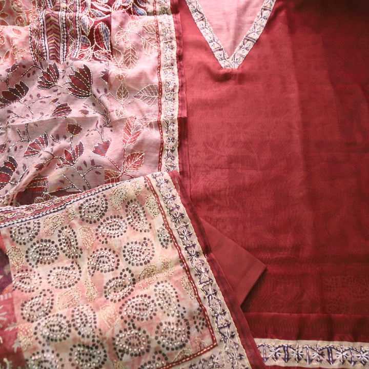 Kaashvi Barn Brown V Neck Kantha Embroidery Self Printed Chanderi Suit Set