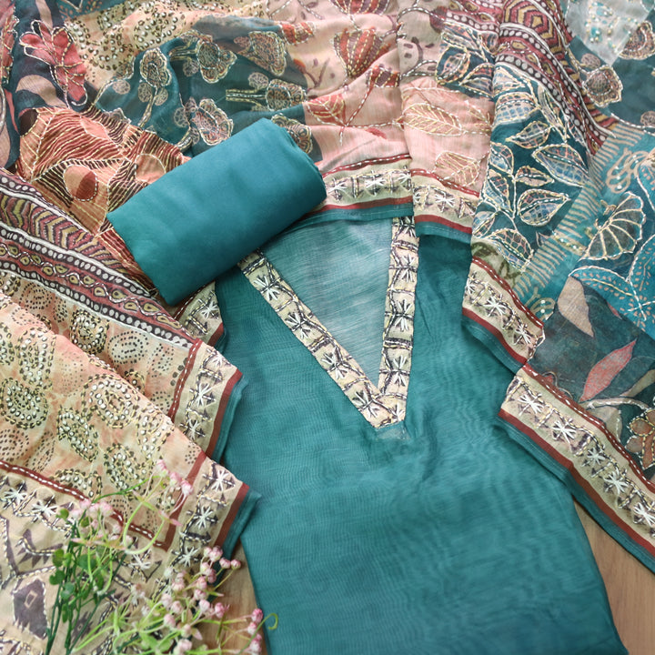 Kaashvi Cerulean Teal V Neck Kantha Embroidery Self Printed Chanderi Suit Set