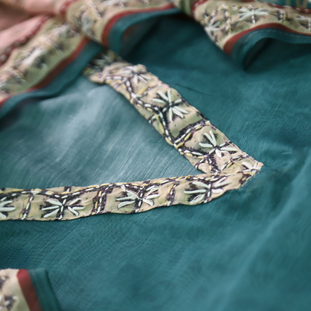 Kaashvi Cerulean Teal V Neck Kantha Embroidery Self Printed Chanderi Suit Set
