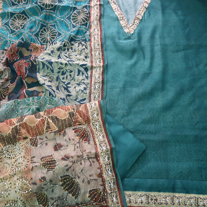 Kaashvi Cerulean Teal V Neck Kantha Embroidery Self Printed Chanderi Suit Set