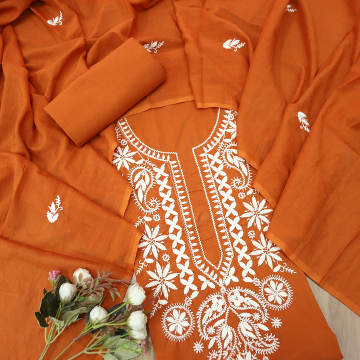 Nazariya Rust Orange Chikankari Inspired Neck Thread Work Cotton Suit Set
