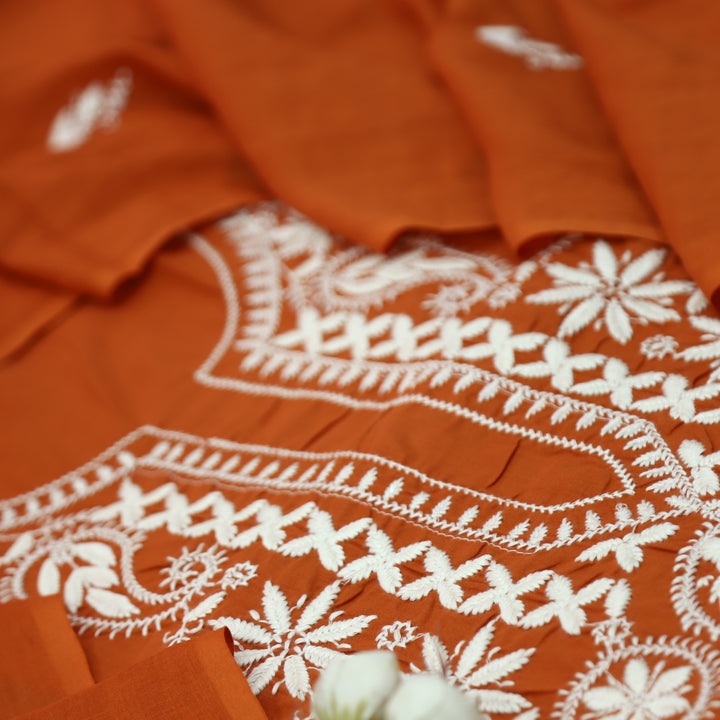 Nazariya Rust Orange Chikankari Inspired Neck Thread Work Cotton Suit Set