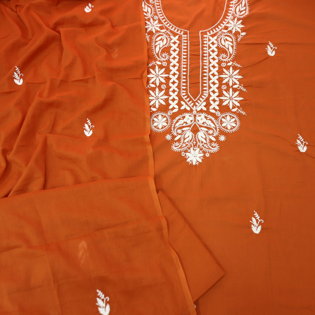 Nazariya Rust Orange Chikankari Inspired Neck Thread Work Cotton Suit Set